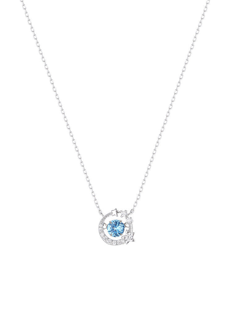 Dancing Heart Sterling Silver Necklace – 925 Blue CZ Moon & Star Pendant, Gift for Her & Birthday