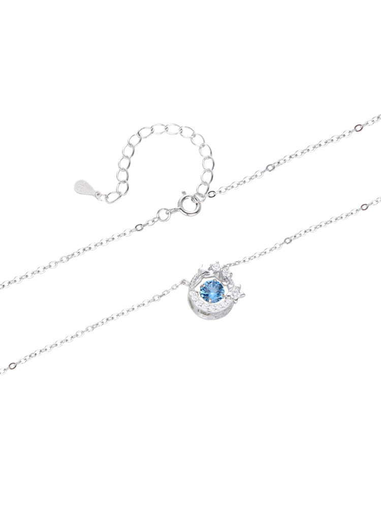 Dancing Heart Sterling Silver Necklace – 925 Blue CZ Moon & Star Pendant, Gift for Her & Birthday