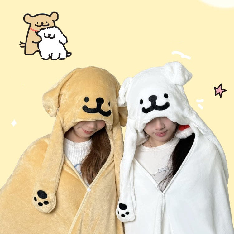 Cute golden retriever and white puppy hooded blanket with moving ears - 3-in-1 wearable throw