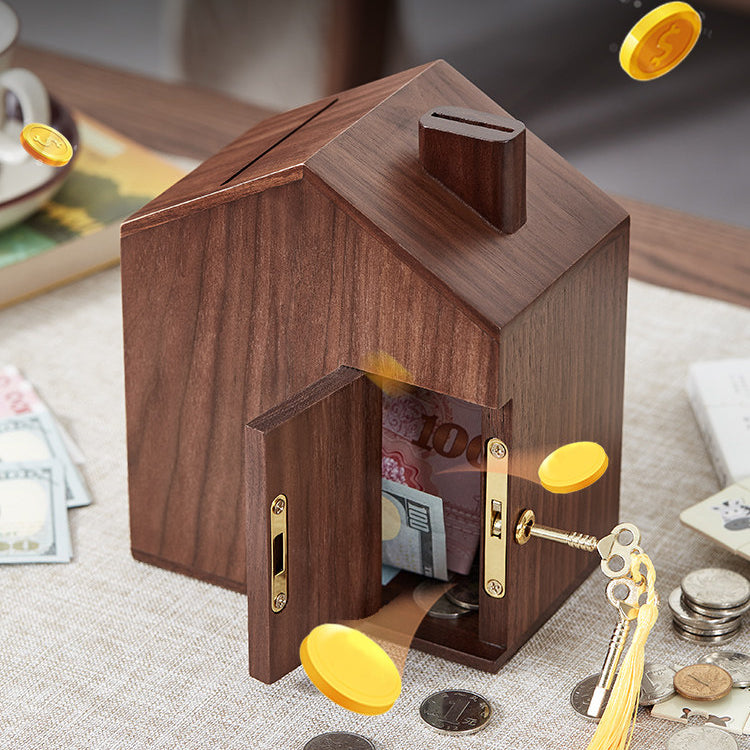 Walnut House Piggy Bank with Lock & Key, Wooden Coin Bank, Felt-Lined Base, Gift for Her Birthday