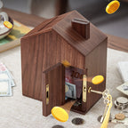 Walnut House Piggy Bank with Lock & Key, Wooden Coin Bank, Felt-Lined Base, Gift for Her Birthday