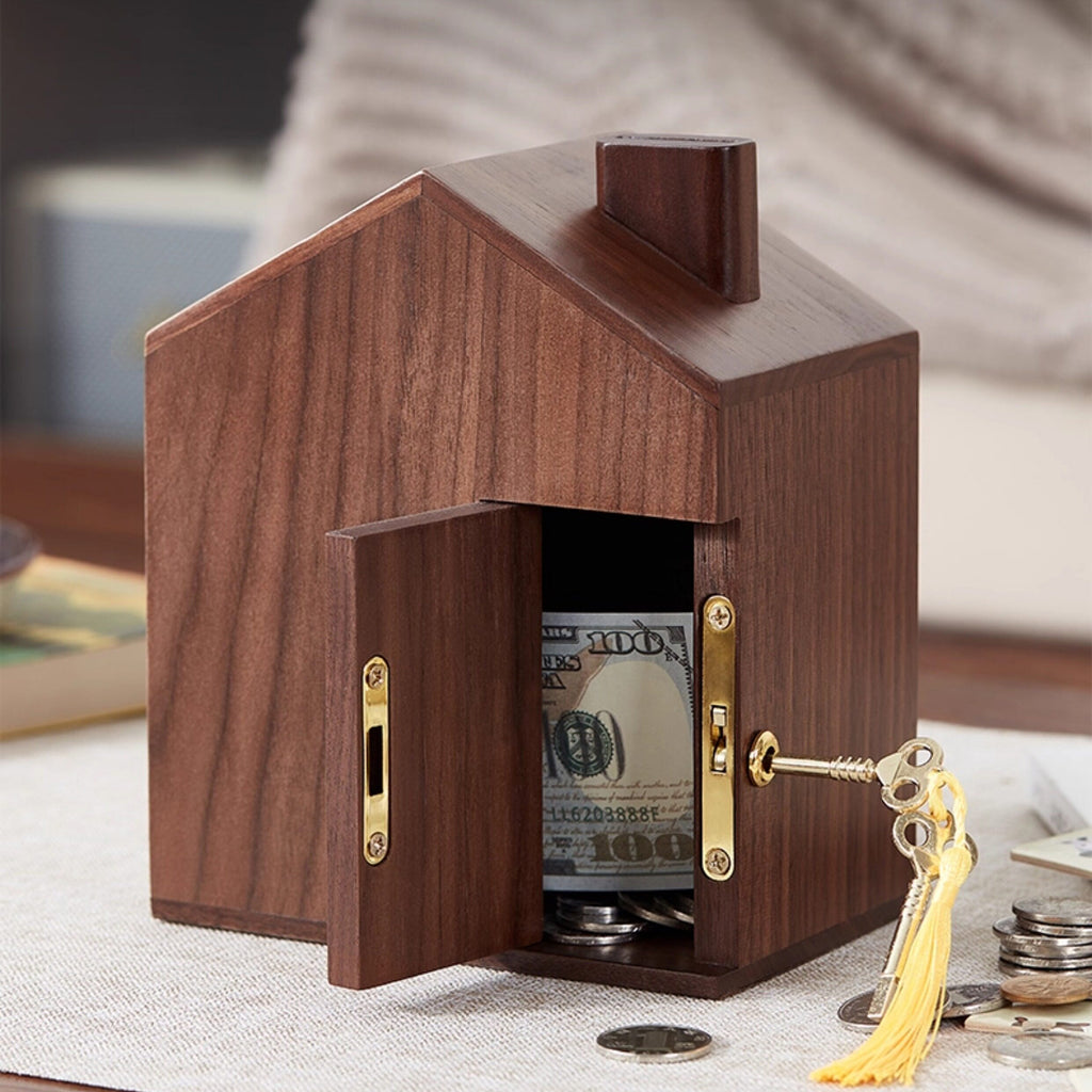 Walnut House Piggy Bank with Lock & Key, Wooden Coin Bank, Felt-Lined Base, Gift for Her Birthday