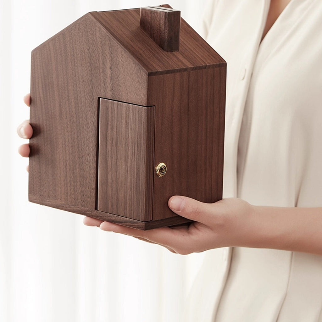 Walnut House Piggy Bank with Lock & Key, Wooden Coin Bank, Felt-Lined Base, Gift for Her Birthday