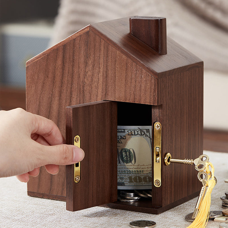 Walnut House Piggy Bank with Lock & Key, Wooden Coin Bank, Felt-Lined Base, Gift for Her Birthday