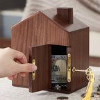 Walnut House Piggy Bank with Lock & Key, Wooden Coin Bank, Felt-Lined Base, Gift for Her Birthday