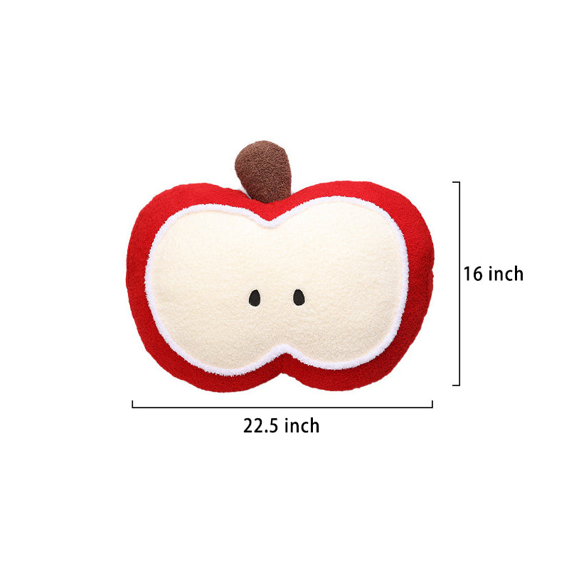 Red apple slice shaped plush pillow shown flat with dimension annotations - 22.5 inches wide and 16 inches tall (57x40cm)