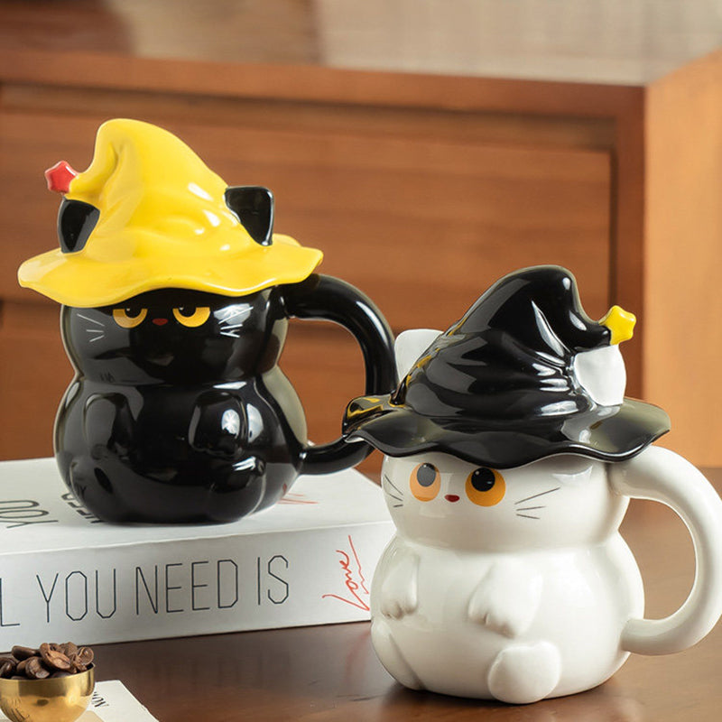 Witch Hat Cat Mug with Lid - 3D Black Cat Ceramic Coffee Cup 450ml