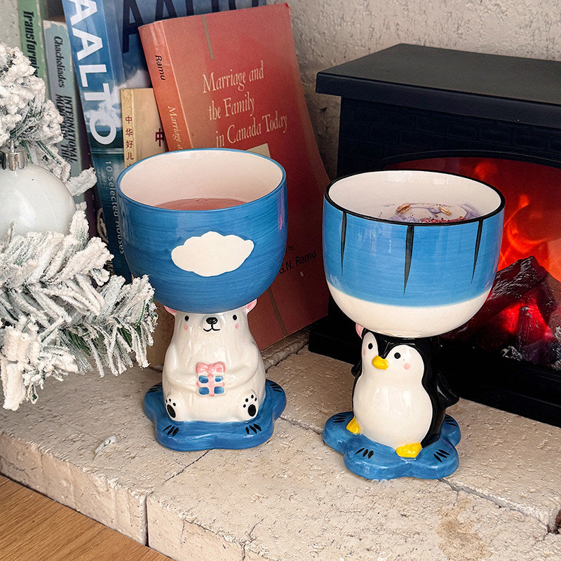 Hand-Painted Penguin Ceramic Goblet Cup - 280ml Kawaii Animal Stemmed Mug Gift