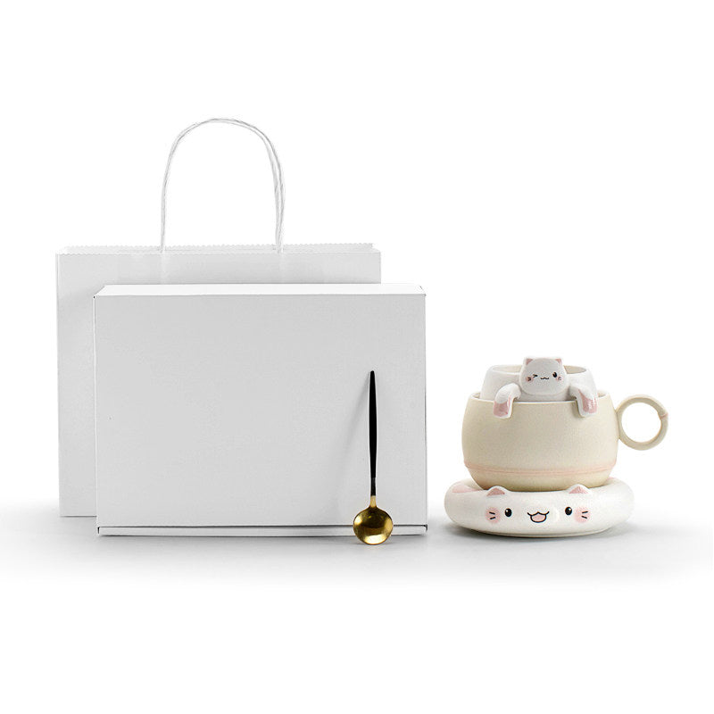 Lucky Cat Ceramic Tea & Coffee Mug with Infuser, 3-in-1 Pour-Over Set, Cute Cat Design Gift for Her