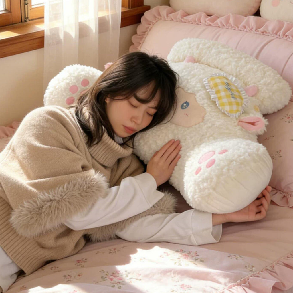 Soft lamb plush pillow close-up texture, premium polyester fiberfill with cream fur and white face, huggable sheep companion for all ages