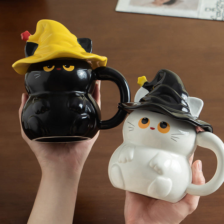Witch Hat Cat Mug with Lid - 3D Black Cat Ceramic Coffee Cup 450ml