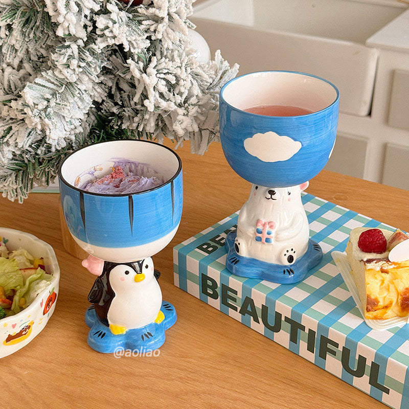 Hand-Painted Penguin Ceramic Goblet Cup - 280ml Kawaii Animal Stemmed Mug Gift