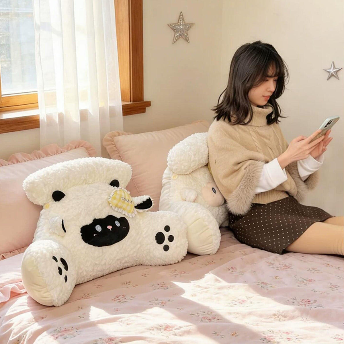 Plush lamb-shaped body pillow with soft cream wool and white face, cute sheep hug pillow for bed, reading and cozy relaxation