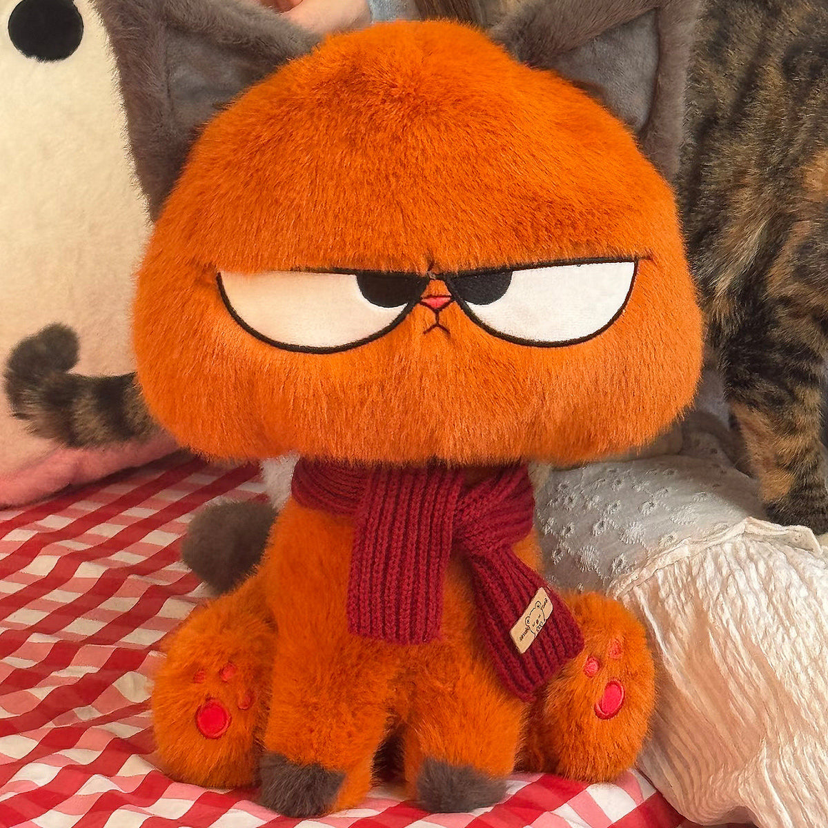 Sassy Orange Cat Plush Doll - 40cm Fluffy Grumpy Face Stuffed Animal with Red Scarf