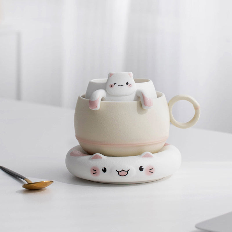 Lucky Cat Ceramic Tea & Coffee Mug with Infuser, 3-in-1 Pour-Over Set, Cute Cat Design Gift for Her