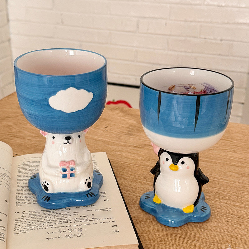 Hand-Painted Penguin Ceramic Goblet Cup - 280ml Kawaii Animal Stemmed Mug Gift