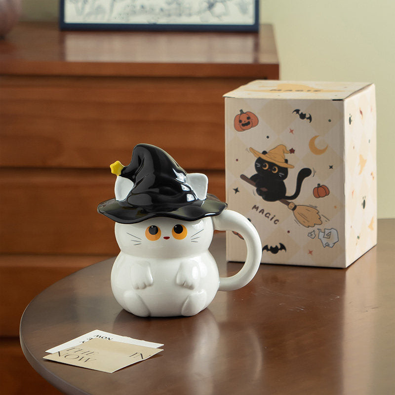 Witch Hat Cat Mug with Lid - 3D Black Cat Ceramic Coffee Cup 450ml