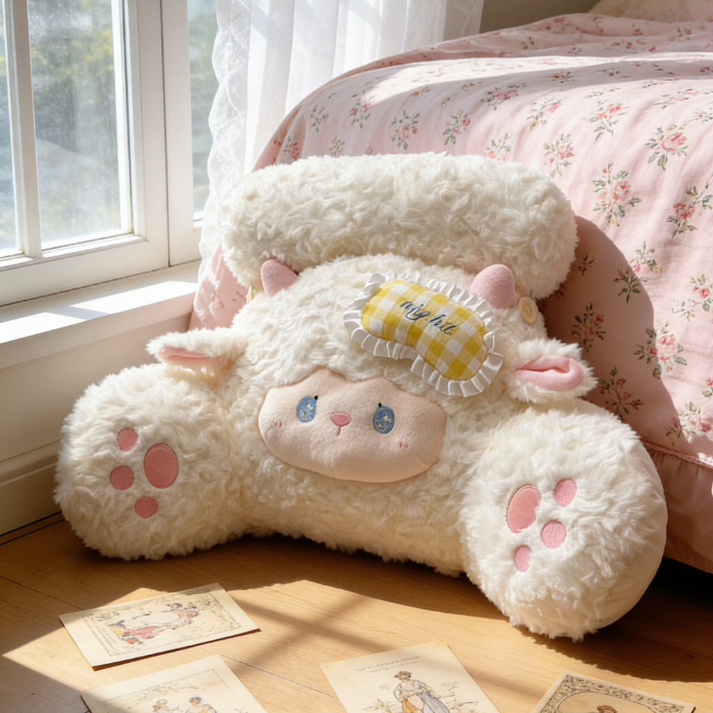 Large stuffed lamb body pillow with floppy ears on the couch, sheep plush companion for TV time, naps and bedtime cuddling