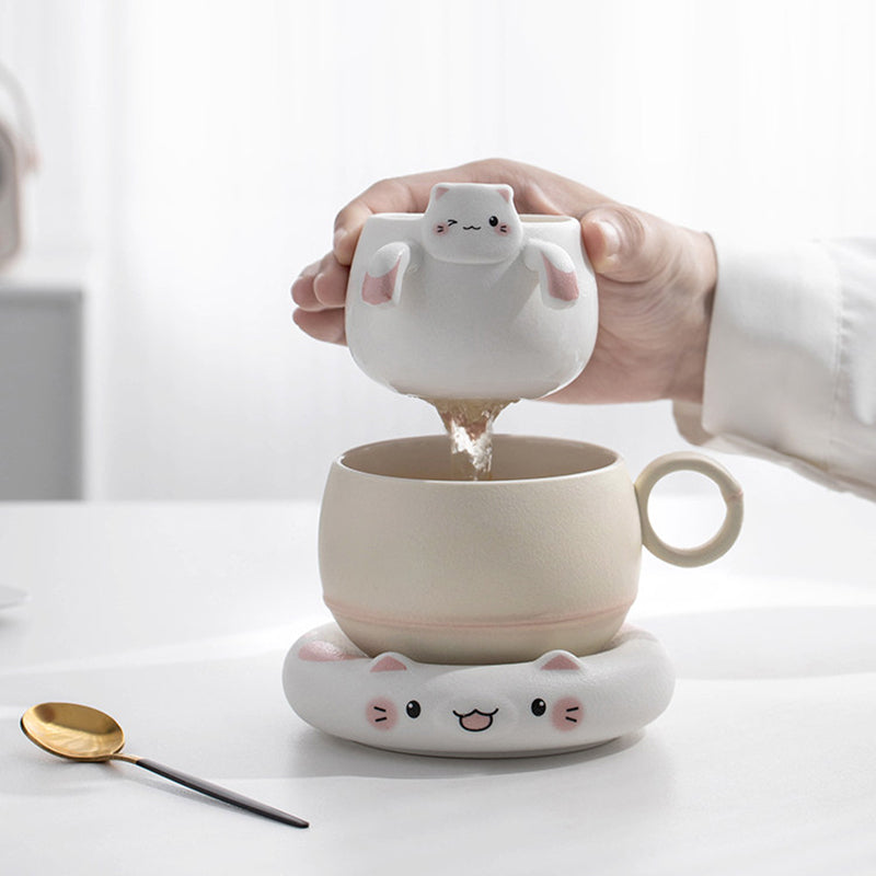 Lucky Cat Ceramic Tea & Coffee Mug with Infuser, 3-in-1 Pour-Over Set, Cute Cat Design Gift for Her