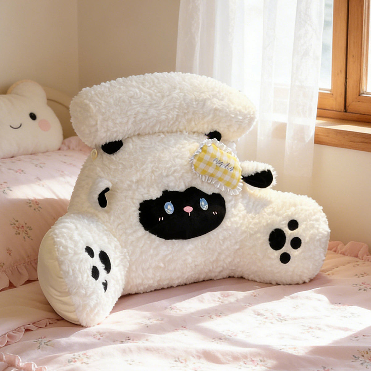 Cute sheep character body pillow with embroidered eyes and pink cheeks, decorative bedroom plush cushion and huggable friend