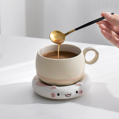 Lucky Cat Ceramic Tea & Coffee Mug with Infuser, 3-in-1 Pour-Over Set, Cute Cat Design Gift for Her