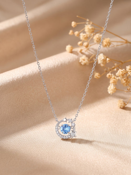 Dancing Heart Sterling Silver Necklace – 925 Blue CZ Moon & Star Pendant, Gift for Her & Birthday
