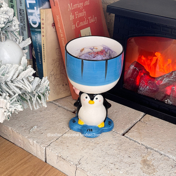 Hand-Painted Penguin Ceramic Goblet Cup - 280ml Kawaii Animal Stemmed Mug Gift
