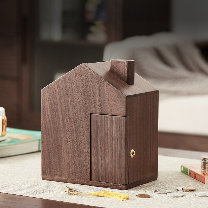 Walnut House Piggy Bank with Lock & Key, Wooden Coin Bank, Felt-Lined Base, Gift for Her Birthday