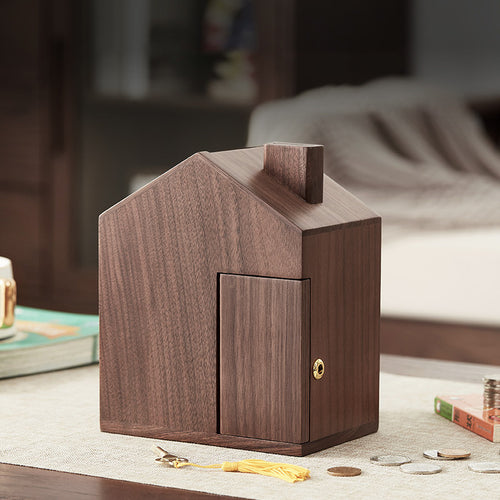 Walnut House Piggy Bank with Lock & Key, Wooden Coin Bank, Felt-Lined Base, Gift for Her Birthday
