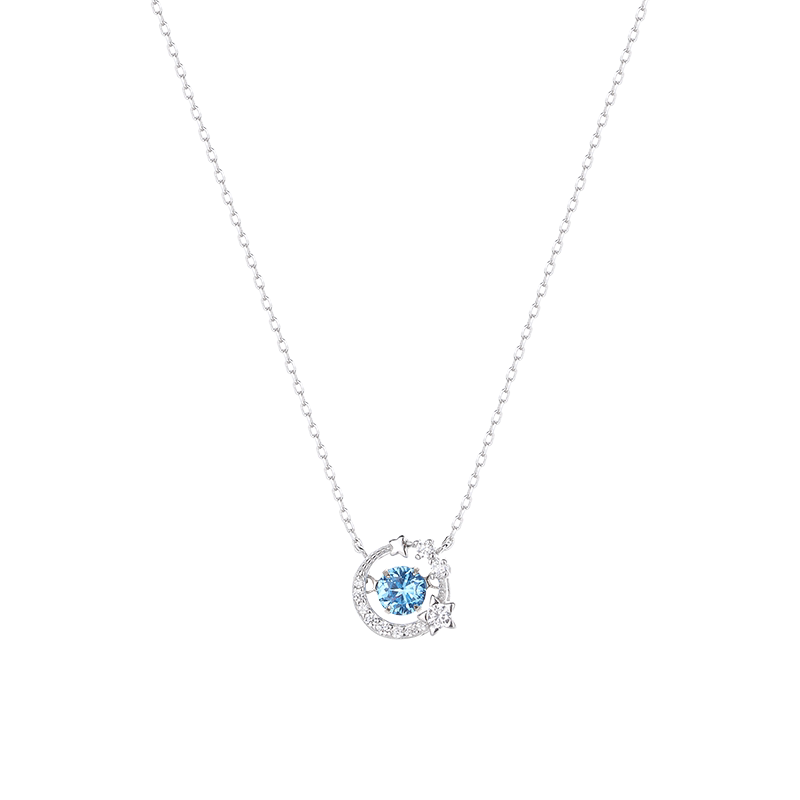 Dancing Heart Sterling Silver Necklace – 925 Blue CZ Moon & Star Pendant, Gift for Her & Birthday