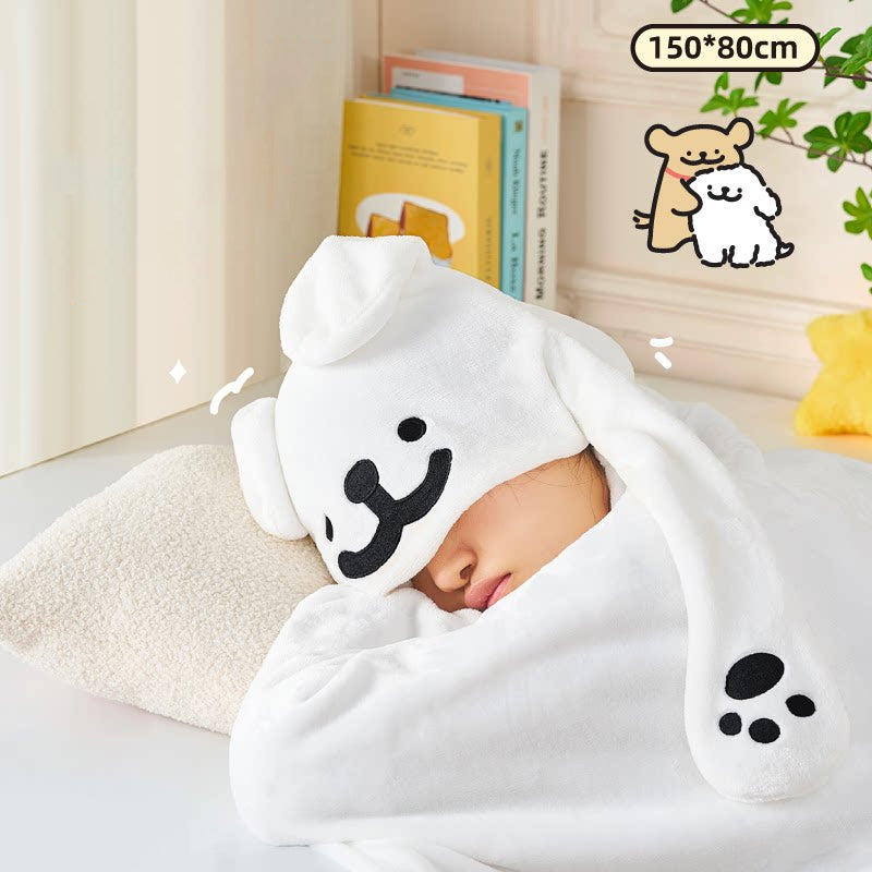 Cute golden retriever and white puppy hooded blanket with moving ears - 3-in-1 wearable throw