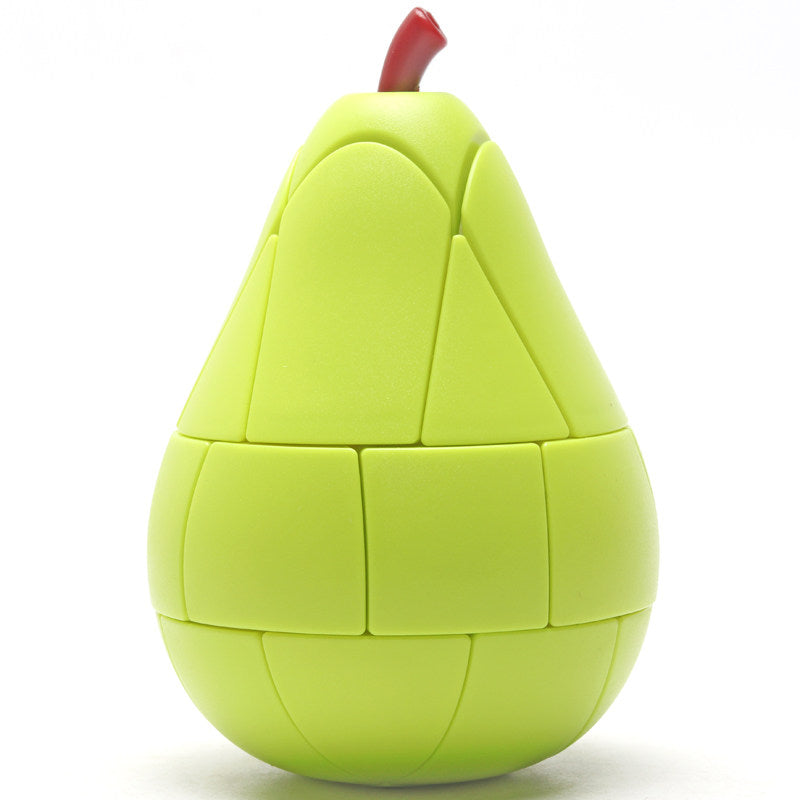 Green pear shape cube puzzle on a white background - 3x3 twisty cube moulded as a glossy pear with dark red stem, stickerless lime green panels with visible turning seams