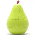 Green pear shape cube puzzle on a white background - 3x3 twisty cube moulded as a glossy pear with dark red stem, stickerless lime green panels with visible turning seams
