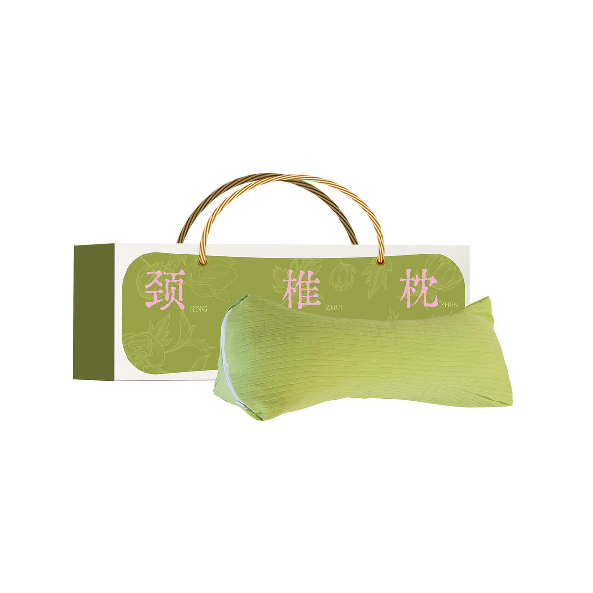 Green buckwheat triangle neck pillow beside its gift box on a white background - wedge-shaped cervical pillow in lime green puff-quilted fabric with white piping, cream and green printed gift box with Chinese neck pillow lettering and a gold rope carry handle