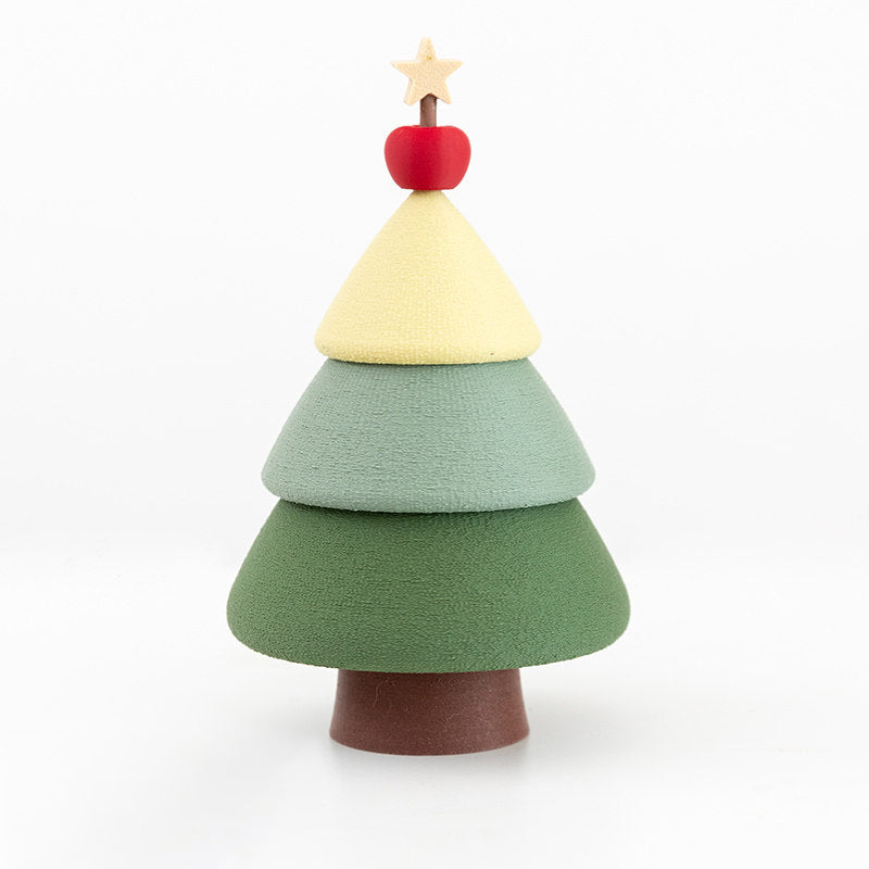 Forest green Christmas tree jewelry box on a white background - 3D printed stacking tree in deep green, sage and cream tiers with brown trunk, red apple and wooden star topper, matte frosted PLA finish