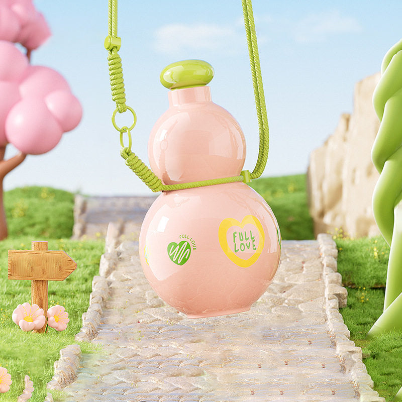 Sweet Pink gourd water bottle hanging by its green braided strap in a whimsical 3D candy garden scene - glossy pastel pink gourd body with green lid, FULL LOVE heart and sprout prints, clear PC body