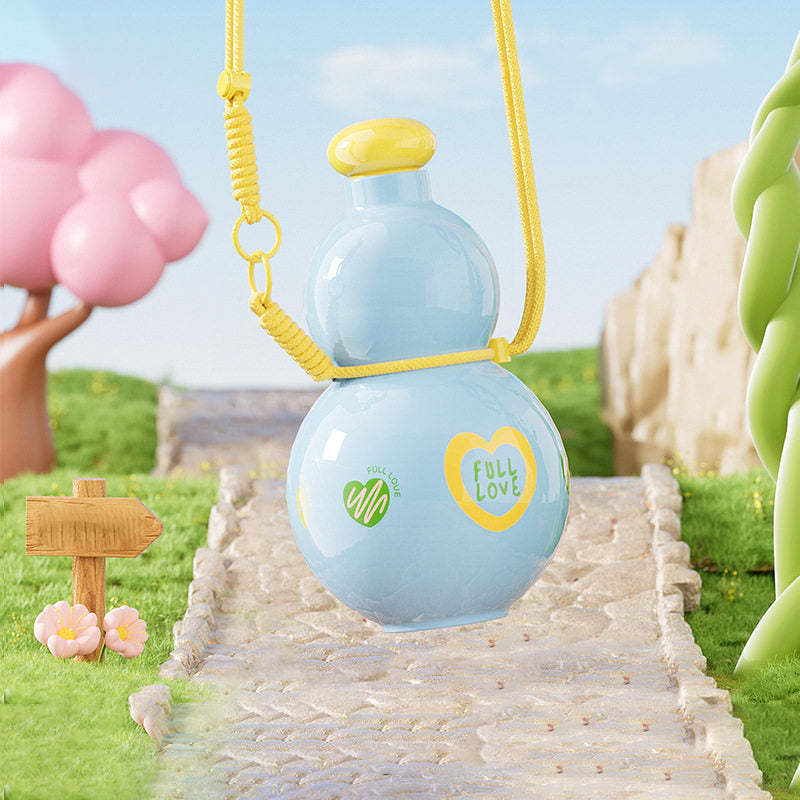 Bubble Blue gourd water bottle hanging by its yellow braided strap in a whimsical 3D candy garden scene - glossy sky blue gourd body with yellow lid, FULL LOVE heart and sprout prints