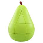 Green pear shape cube puzzle on a white background, front view - chubby pear silhouette with dark red stem and lime green moulded panels split into 3x3 turning layers