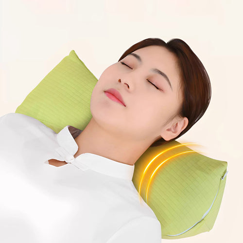 Woman lying on her back with her neck resting on the green triangle buckwheat pillow - golden animated support curve highlighting the ergonomic wedge shape filling the gap under the cervical spine, white top on a cream background