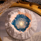 Lit Glacier Ocean candle on a vintage gold framed mirror tray with lace - the plaster iceberg glowing warm from the flame, ocean-blue jelly wax with pearl charms and starry glitter reflecting in the mirror