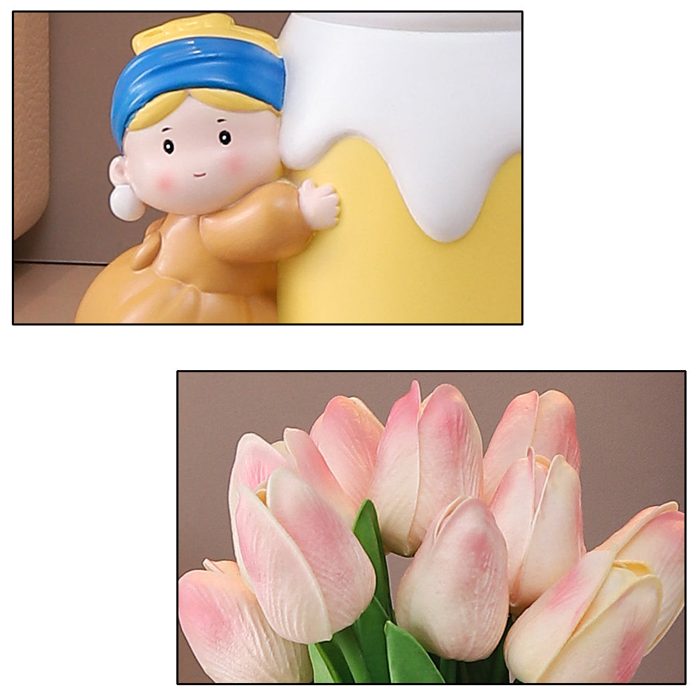Detail collage of the Girl with a Pearl Earring vase - close-up of the girl's painted face with blue headscarf, pearl earring and rosy cheeks hugging the jar, and close-up of the gradient pink tulip buds with green leaves