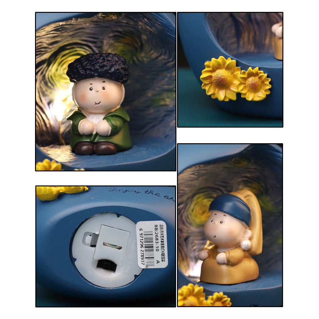 Four-panel detail collage of the art night light - close-up of the Van Gogh figure glowing inside the sphere, close-up of the two sculpted sunflowers, the battery compartment with switch and barcode label on the base, and the Pearl Earring Girl figure lit from behind