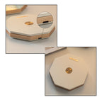 Two-panel detail collage of the Starry Night folding lamp - one showing the folded octagonal base with brushed gold accent and magnetic edge beside a magnified view of the USB-C charging port, the other showing the top cap with OMLAMP gold plate and round dimmer button