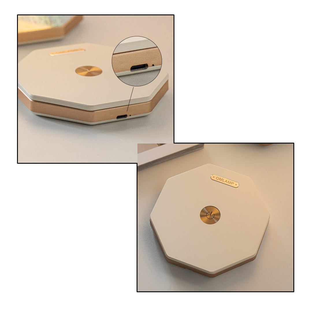 Two-panel detail collage of the Starry Night folding lamp - one showing the folded octagonal base with brushed gold accent and magnetic edge beside a magnified view of the USB-C charging port, the other showing the top cap with OMLAMP gold plate and round dimmer button
