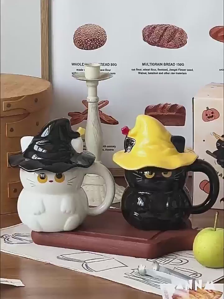 Witch Hat Cat Mug with Lid - 3D Black Cat Ceramic Coffee Cup 450ml