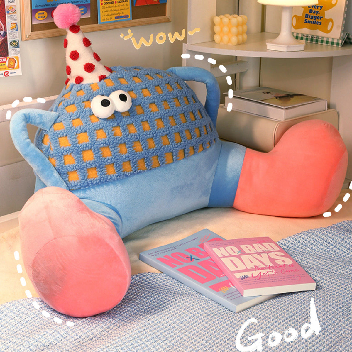 Plush cartoon monster lumbar support pillow in pastel blue, woman using it as a backrest while relaxing on the couch